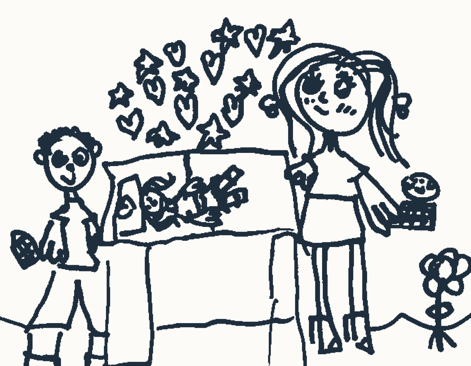Desenho à mão de dois adultos de pé, de cada lado de um berço com um bebé lá dentro, e de corações e estrelas a subir entre eles