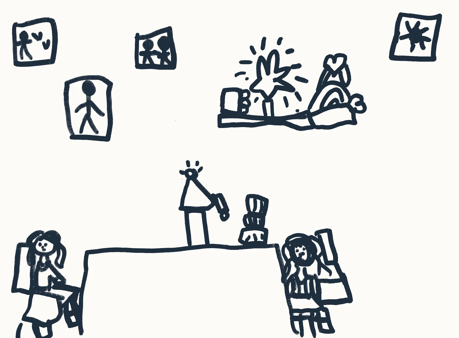 Desenho à mão de uma sala de consulta: quadros na parede, uma mesa comprida com uma criança sentada de cada lado e uma pessoa de pé entre as duas
