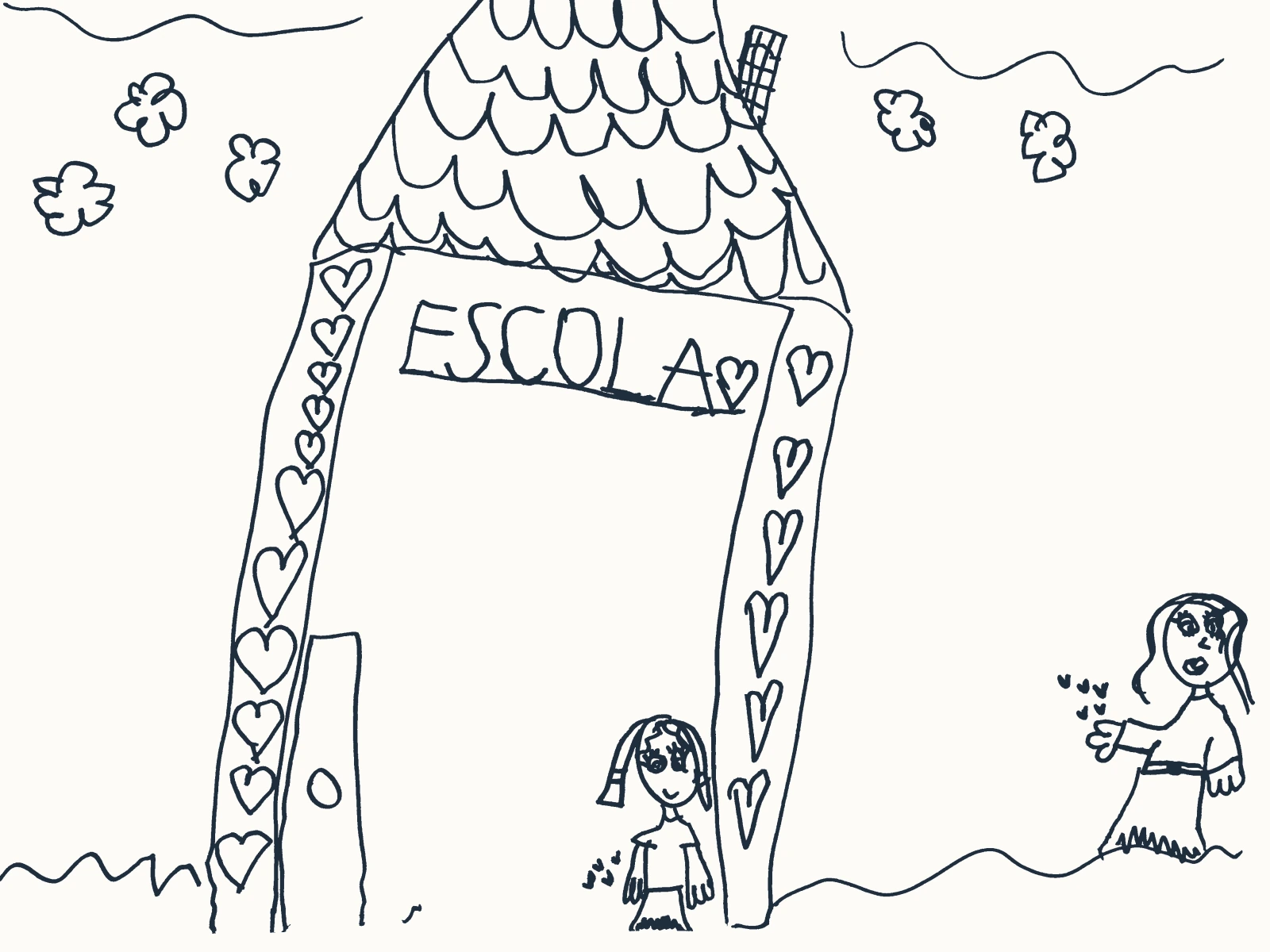 Desenho à mão de uma escola com o letreiro «escola» e as portas orladas de corações, uma criança à entrada a mandar beijos e uma figura adulta do lado de fora a responder com o mesmo gesto