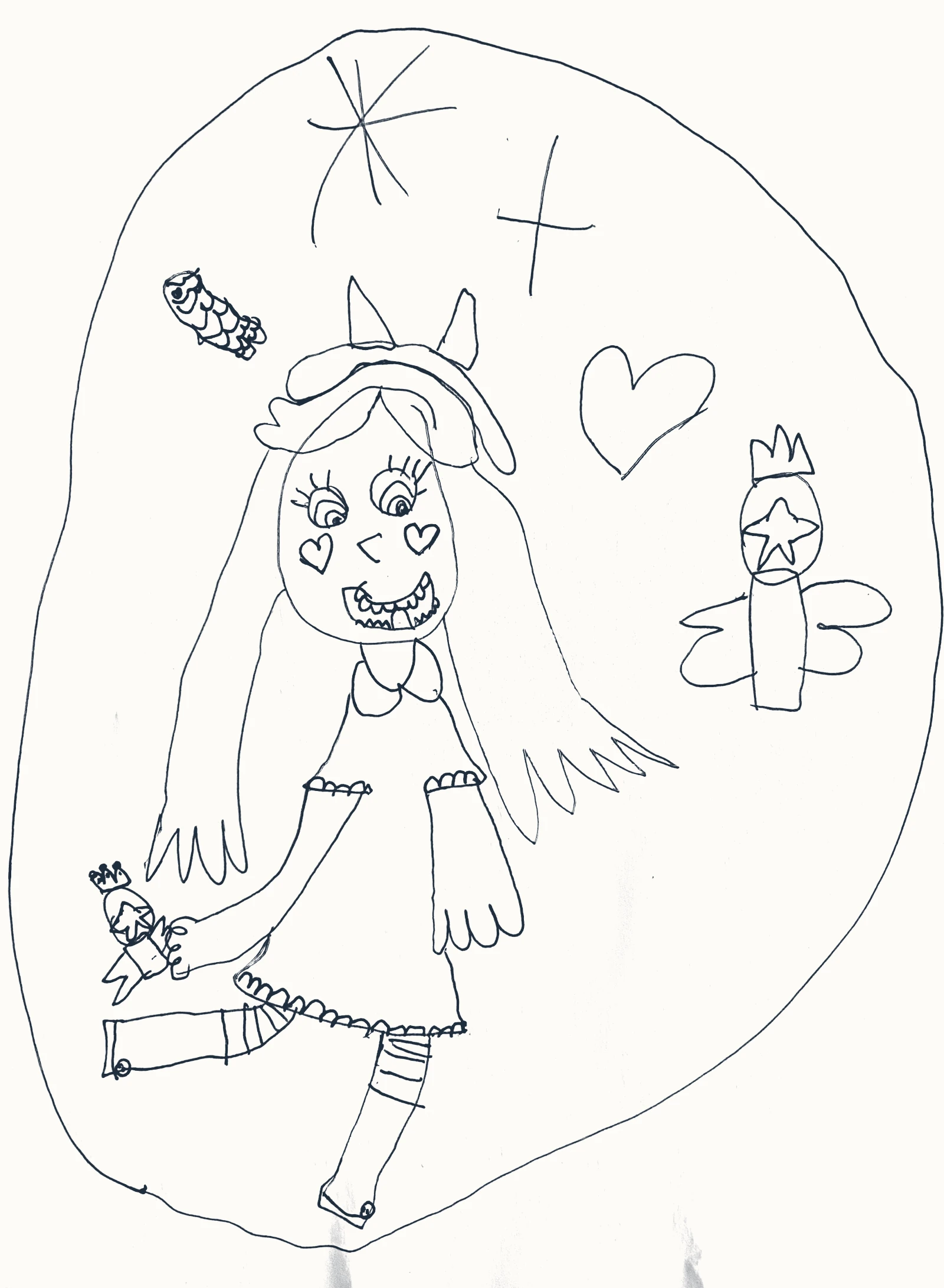 Desenho à mão de uma menina de cabelo comprido e olhos em forma de coração, a segurar uma pequena figura com coroa, rodeada de um coração, uma estrela e uma figura com asas