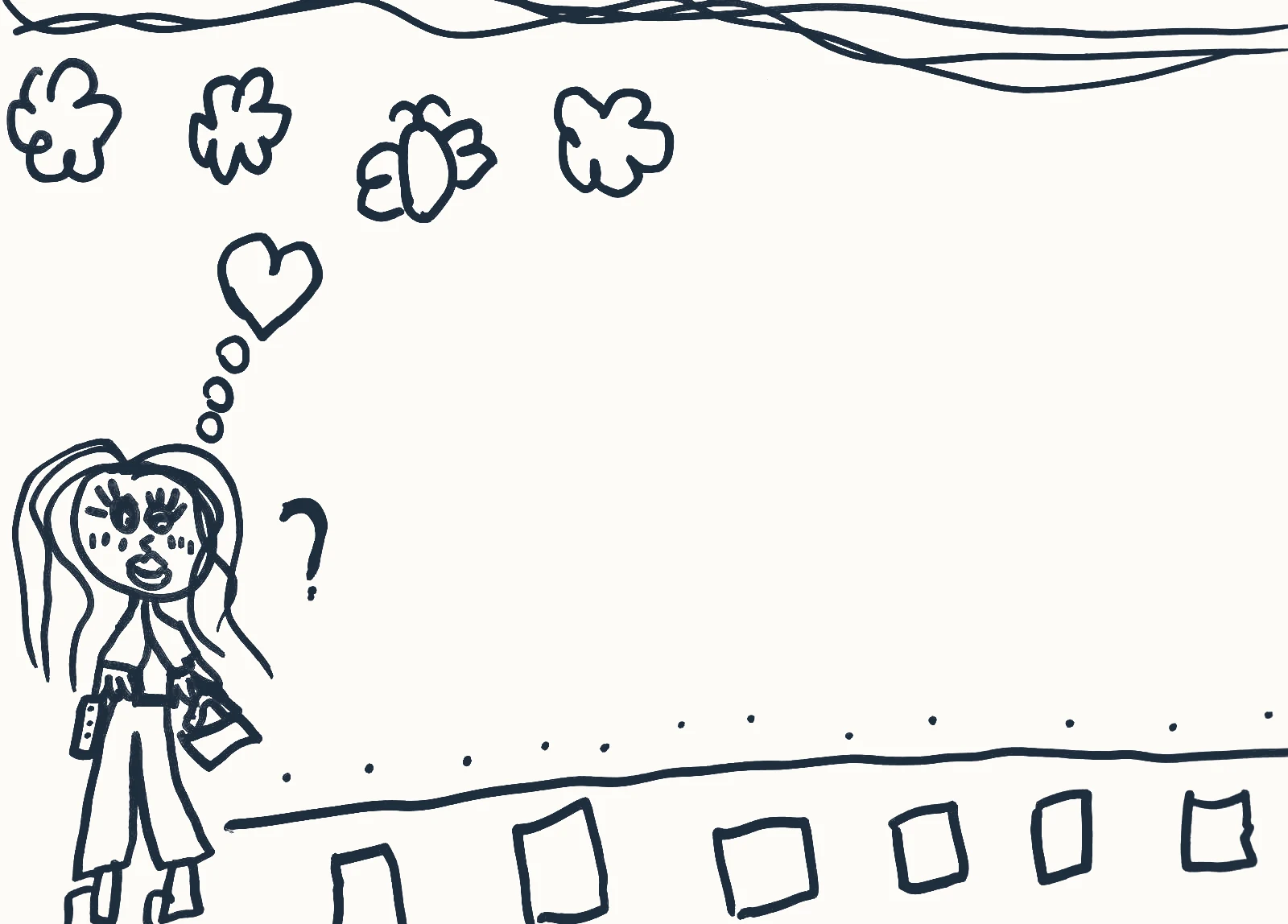 Desenho à mão de uma figura com um saco, parada no início de um caminho de pedras, com um ponto de interrogação ao lado e um coração num balão de pensamento